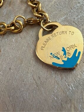 925 Heart Tag Link Bracelet Gold Tone 7” Blue Accent